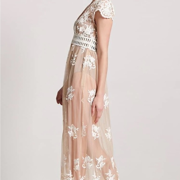 NWOT, Forever 21 Tan Pink Flutter Sleeve V-Neck Mesh Embroidered Gown - Picture 2 of 9